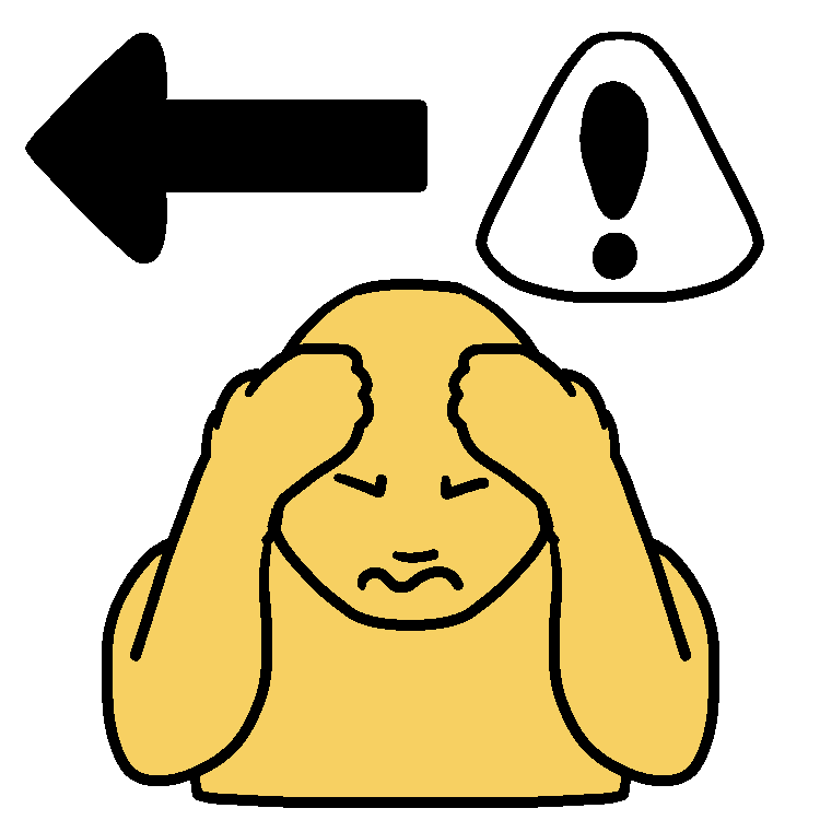 A drawing of a person with their hands on their head and cringing, with a hazard triangle and an arrow pointing to the left above them.